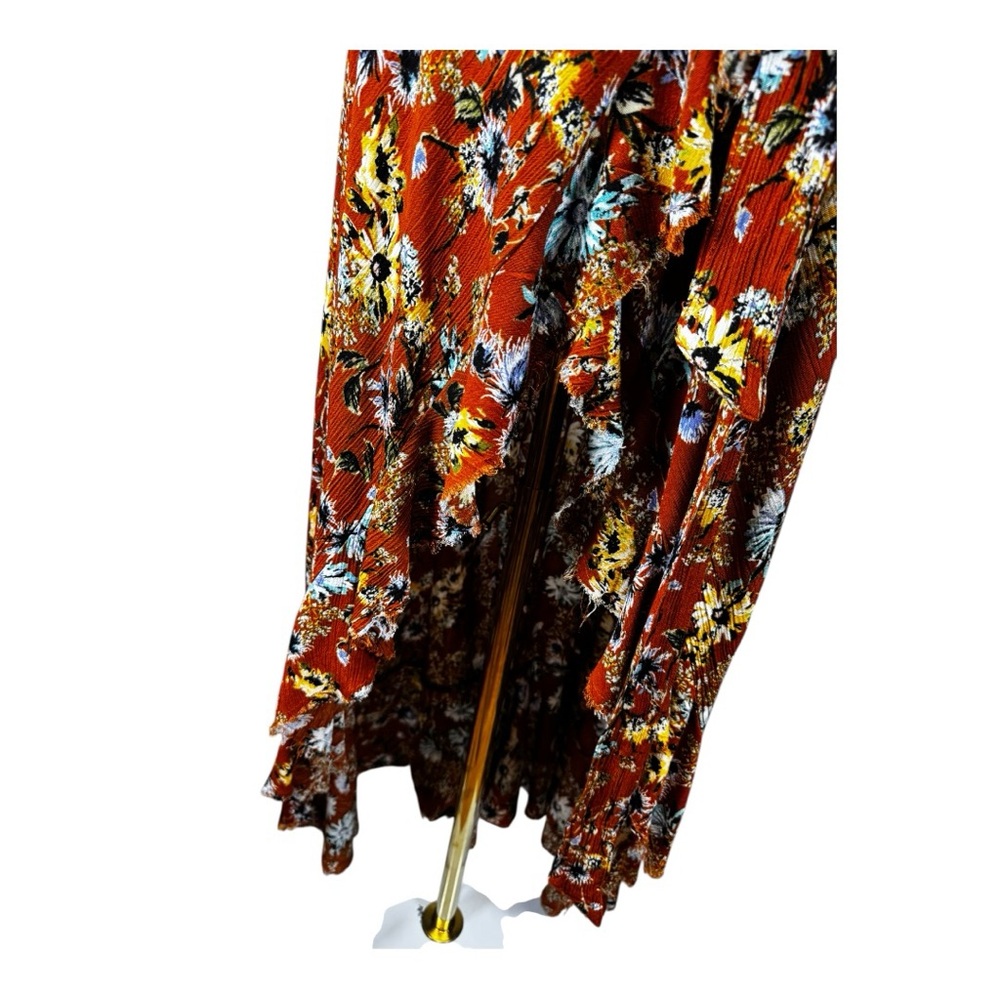 Blue Life Floral Ruffle Wrap Maxi Skirt Rust Orange Boho Festival Size Small - Picture 5 of 10
